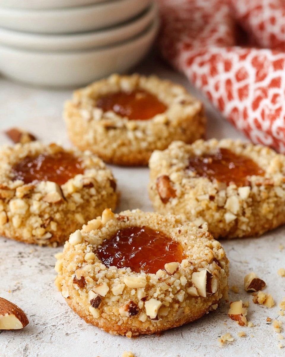 The image shows four round thumbprint cookies on a white marbled textured surface. Each cookie has a rough, crumbly outer layer coated with small chopped nuts, giving a light brown and beige speckled look. The center of each cookie holds a glossy, thick, amber-colored jam, which is slightly translucent and shiny. The cookies are evenly spaced, and crumbs are scattered around them. Behind the cookies, there is a stack of white bowls and a cloth with a red geometric pattern that is out of focus. The lighting highlights the textures and colors, giving the cookies a fresh and inviting look. photo taken with an iphone --ar 4:5 --v 7