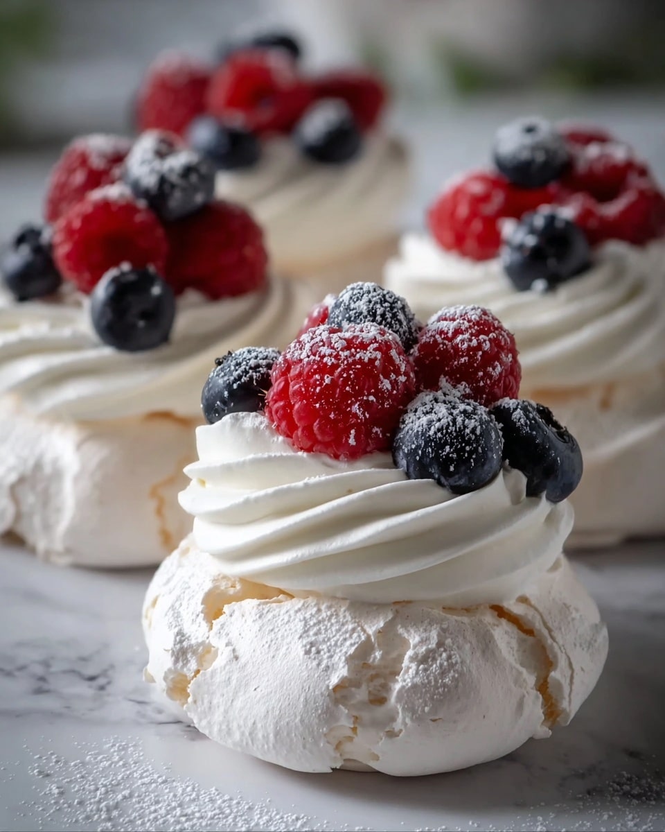 The image shows four small pavlova desserts arranged on a white marbled surface. Each pavlova has a base layer of crispy, white meringue with a slightly cracked texture. On top, there is a generous swirl of smooth white whipped cream. The top layer consists of fresh berries, including bright red raspberries and dark blue blueberries, with a light dusting of powdered sugar adding a soft, snowy effect. The focus is on the front pavlova with the others softly blurred behind it, creating depth. Photo taken with an iphone --ar 4:5 --v 7