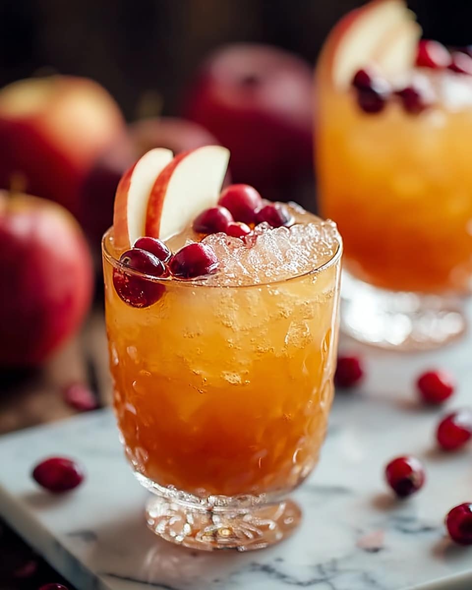 A clear textured glass filled with a bright amber-colored drink, topped with crushed ice, red cranberries scattered on top, and a wedge of red apple placed inside and resting at the rim. In the blurred background, another similar glass with the same drink and apple wedge is visible. The scene includes red apples and cranberries softly scattered on a white marbled texture surface. photo taken with an iphone --ar 4:5 --v 7