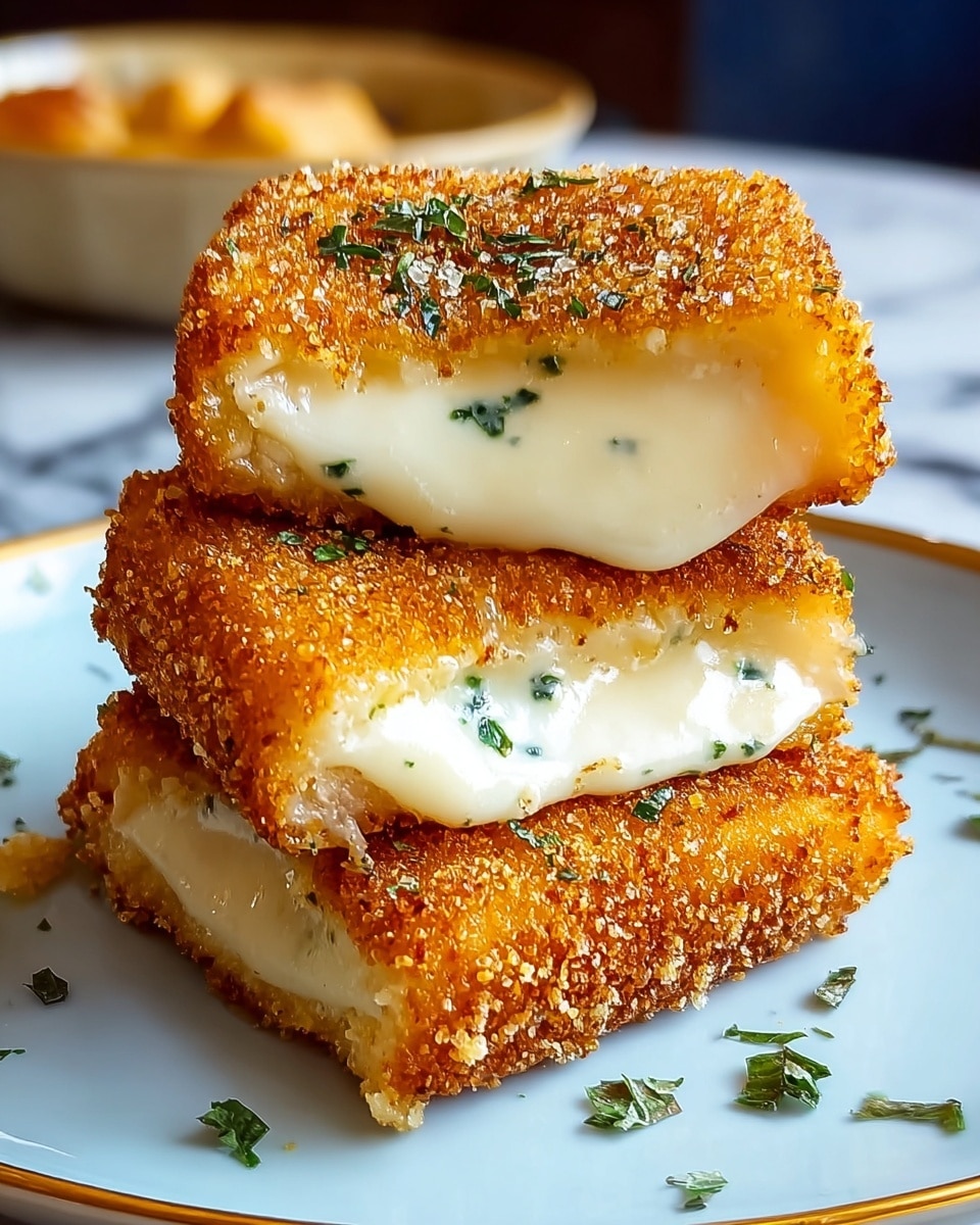 Three pieces of fried cheese squares are stacked on a white plate. Each piece has a textured, golden brown crust with small crispy breading and bright white melted cheese inside. The cheese layer is smooth and creamy, visible because one piece is cut open at the top, showing melted cheese stretching slightly. Small green herb bits are sprinkled on the cheese and plate. In the background, there is a white bowl with a yellowish food on a white marbled textured surface. Photo taken with an iphone --ar 4:5 --v 7