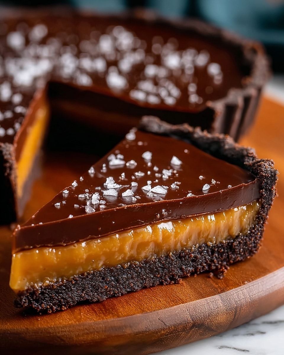 The image shows a close-up of a tart slice with three visible layers: a dark brown crumbly base, a thick middle layer of golden caramel, and a smooth, glossy dark chocolate top layer sprinkled with coarse white salt flakes. The tart has dark, slightly textured edges with a fluted pattern, and it is placed on a wooden cutting board against a white marbled surface in the background. The focus is sharp on the slice in the foreground, with the rest of the tart slightly blurred behind it. The edges of the tart and salt flakes catch the light, adding texture and depth. photo taken with an iphone --ar 4:5 --v 7