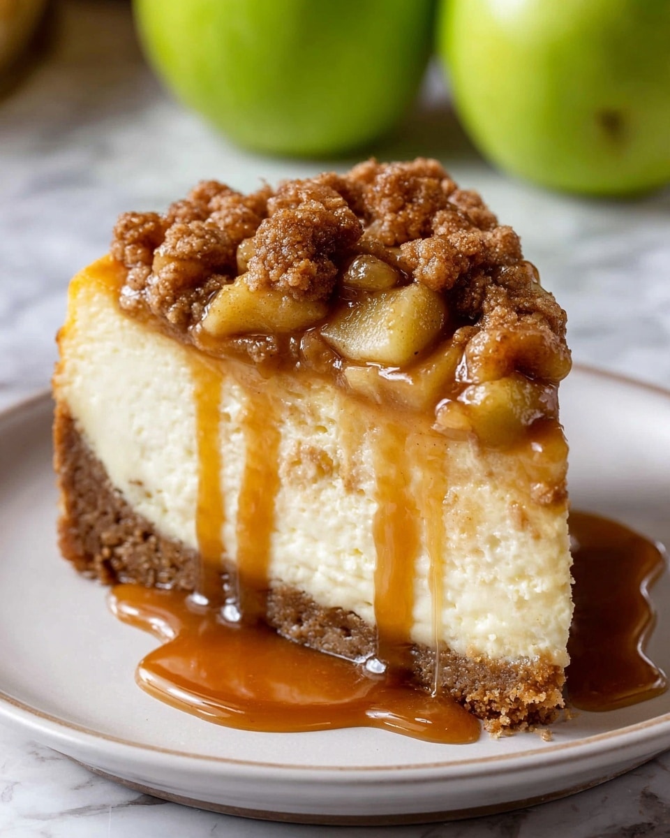 A thick slice of cheesecake with three distinct layers is placed on a white plate over a white marbled surface. The bottom layer is a crumbly brown crust. The middle layer is creamy and pale yellow cheesecake, smooth in texture. The top layer is chunky apple filling with a glossy caramel sauce dripping down the sides and pooling on the plate beneath. On top of the apples is a crumbly brown streusel topping, adding rough texture. In the blurred background, two green apples are visible. Photo taken with an iphone --ar 4:5 --v 7