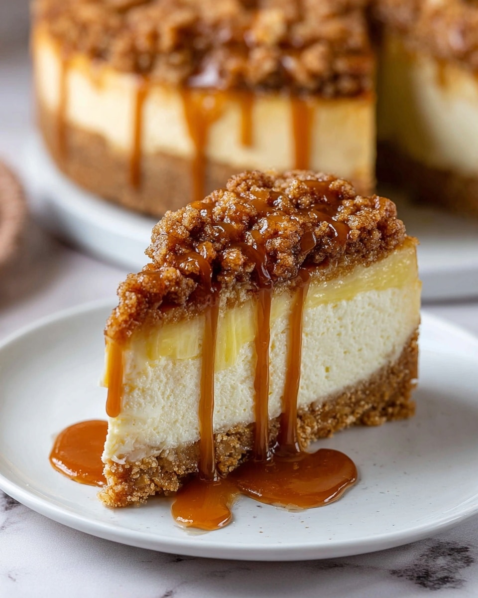 A slice of cheesecake with three distinct layers sits on a white plate on a white marbled surface. The bottom layer is a crumbly, light brown crust. The middle layer is thick, creamy, and pale yellow. The top layer is a brown, crumbly streusel with visible small chunks, covered in glossy caramel sauce that drips down the sides onto the plate below. The background shows a blurred larger cheesecake with similar layers. photo taken with an iphone --ar 4:5 --v 7