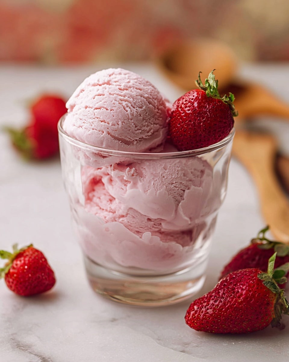 A clear glass cup filled with creamy pink strawberry ice cream forming two visible scoops on top, with a smooth and slightly textured surface; two fresh, bright red strawberries with green leaves are placed on the right side inside the cup, and three more strawberries rest around the base of the cup on a white marbled surface. The background is softly blurred with warm colors and a wooden spoon partially visible behind the glass. Photo taken with an iphone --ar 4:5 --v 7