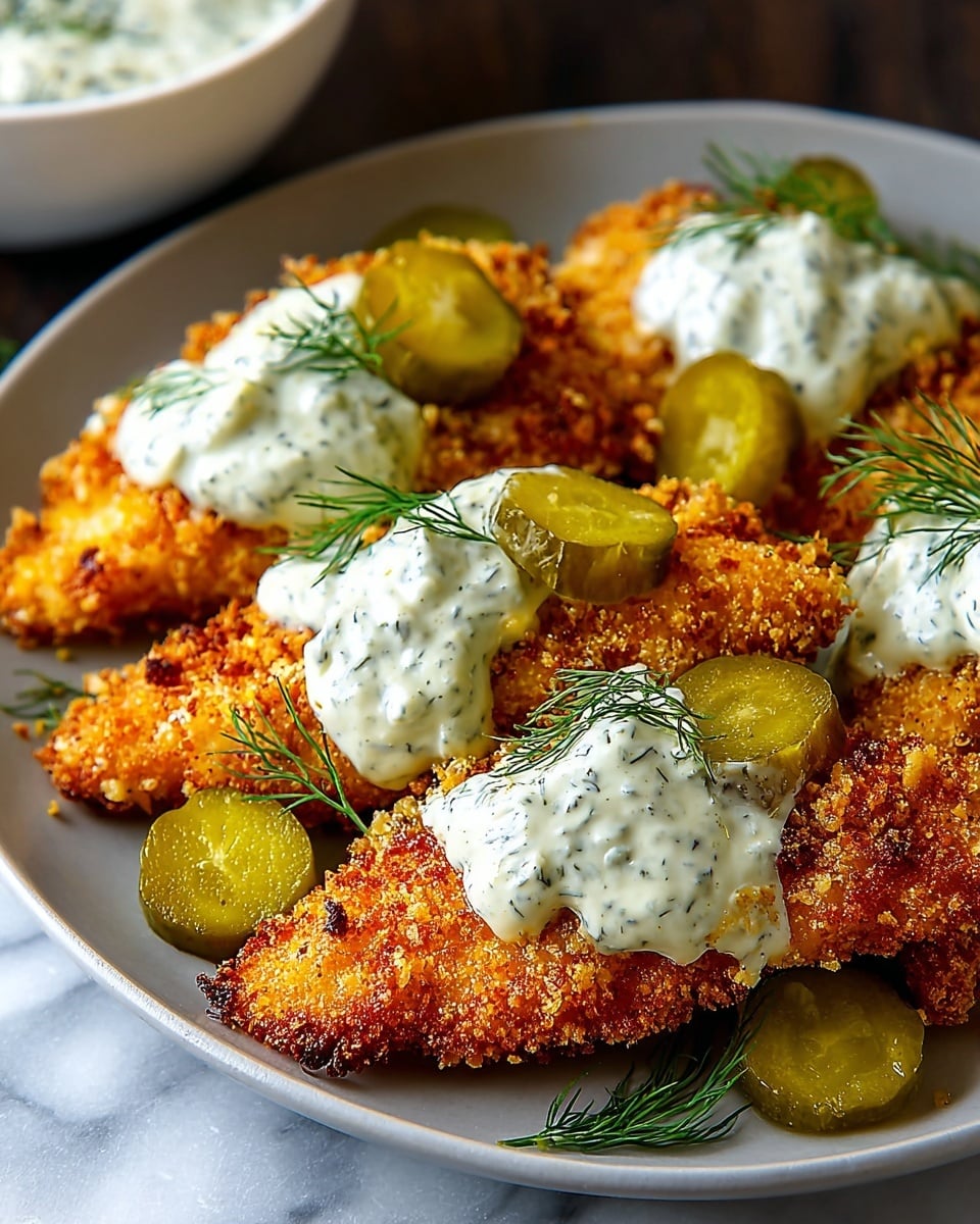 The close-up image shows a white plate filled with crispy, golden brown fried fish fillets, each piece coated with a crunchy crumb layer. On top of each fillet is a thick dollop of creamy white tartar sauce speckled with green herbs. Bright green pickle slices are scattered across the plate and nestled between the fillets. Small sprigs of fresh dill are placed on top of the sauce and pickles for garnish. The plate rests on a white marbled surface, creating a clean and fresh look. In the background, there is a white bowl with more tartar sauce, slightly out of focus. photo taken with an iphone --ar 4:5 --v 7