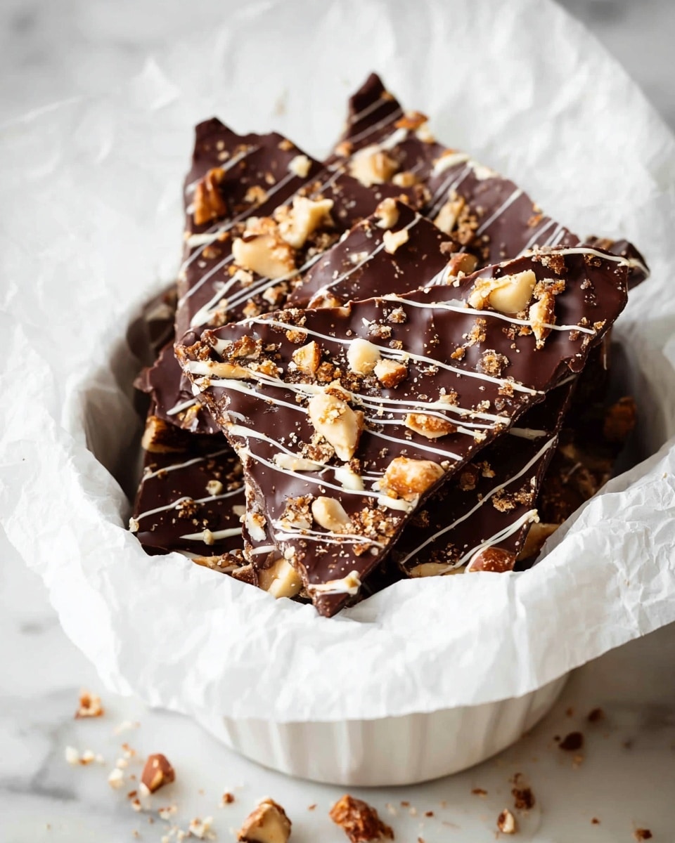 A stack of four uneven chocolate-covered toffee pieces with rough edges is shown on a white marbled surface. Each toffee has a rich golden-brown crunchy layer at the bottom, topped with a thick, smooth layer of dark chocolate. Drizzled white icing adds contrast on top of the chocolate. Small almond pieces are scattered on and around the toffee, adding texture. The image captures the close-up details of the textures and layers, highlighting the crunchy and creamy mix. photo taken with an iphone --ar 4:5 --v 7