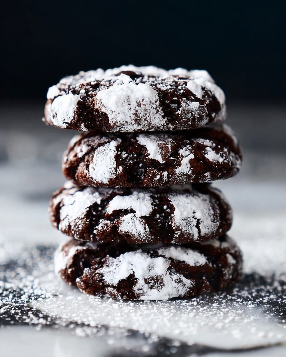 Four thick, round chocolate cookies are stacked in a slightly leaning tower on a white marbled surface dusted with white powdered sugar. The cookies have a dark brown, cracked texture with generous patches of white powdered sugar on top, creating a strong contrast. The background is dark and blurred, making the cookies stand out clearly. Photo taken with an iphone --ar 4:5 --v 7
