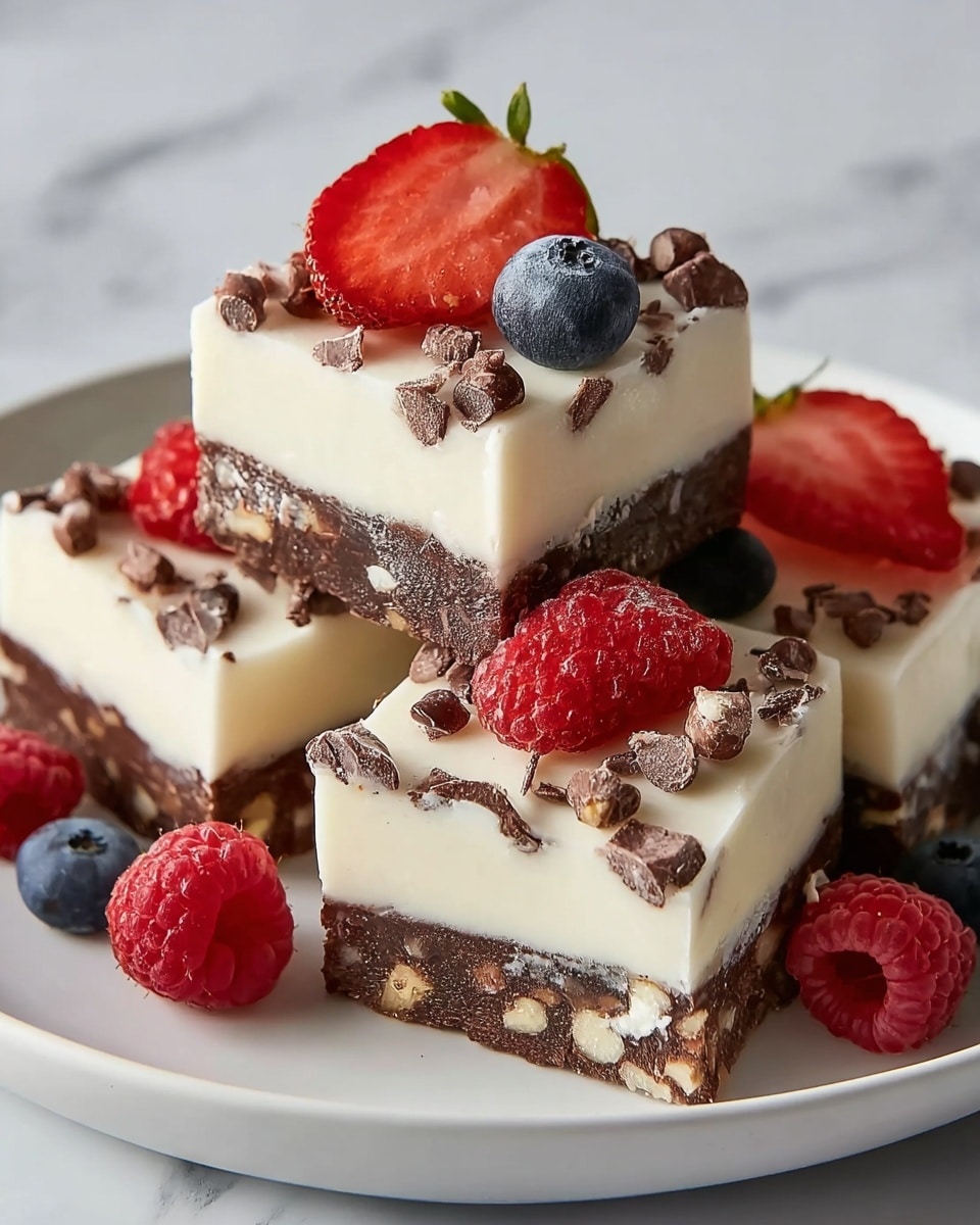 A white plate holds five square dessert bars stacked in a small pile on a white marbled surface. Each bar has three clear layers: a bottom layer of dark brown chocolate with embedded nuts, a middle creamy white layer, and a top white layer sprinkled with small chocolate pieces. The bars are decorated on top with fresh berries, including red raspberries, sliced red strawberries, and whole dark blueberries. Some berries also rest on the plate around the bars, adding bright color contrast to the dessert. photo taken with an iphone --ar 4:5 --v 7