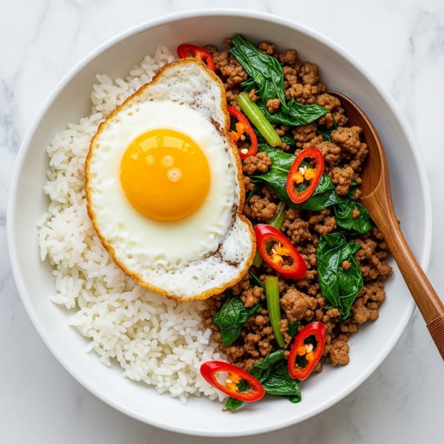 The dish is in a white bowl, showing three main layers. The bottom layer is white steamed rice with a soft, fluffy texture, taking up half of the bowl on the left side. On top of the rice sits a bright yellow fried egg with a shiny, smooth yolk in the center, surrounded by crisp, slightly brown edges of the white egg. Next to the rice and egg, the right half of the bowl is filled with a savory mix of browned ground meat, dark green leafy vegetables, and slices of bright red chili peppers all mixed together, giving a rich, textured look. A wooden spoon rests on the edge of the bowl on the right side. The background is a white marbled texture. Photo taken with an iphone --ar 4:5 --v 7
