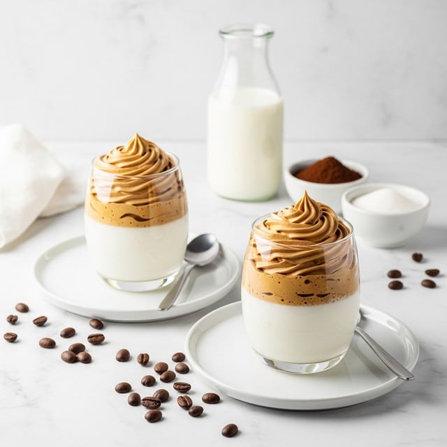 Two clear round glasses filled with a two-layer drink sit on white speckled round saucers against a white marbled background. Each glass has a bottom layer of white milk with a smooth texture, topped with a thick, fluffy light brown whipped coffee layer that forms soft peaks, slightly spilling over the sides. Coffee beans are scattered near the glasses. In the background, a small white bowl containing brown coffee powder and another small white bowl with white sugar sit next to a clear glass bottle of milk with a metal clasp. Photo taken with an iphone --ar 4:5 --v 7