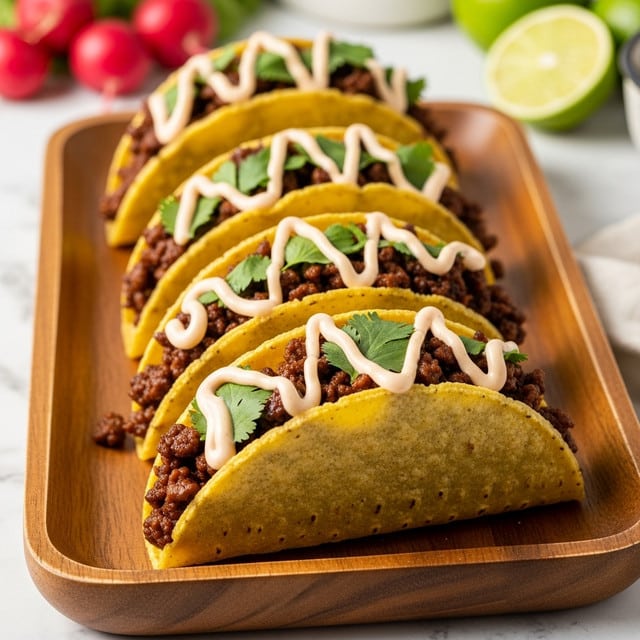 Four yellow hard shell tacos are arranged in a white marbled texture background, each taco filled with a layer of cooked minced brown meat mixed with small pieces of red tomato and green herbs. On top of the meat, a light orange creamy sauce is drizzled in a zigzag pattern, and a fresh green cilantro leaf decorates each taco. The tacos are placed on a wooden board with some extra green cilantro leaves next to them, and blurred red tomatoes and a brown bowl of sauce are visible in the background. Photo taken with an iphone --ar 4:5 --v 7
