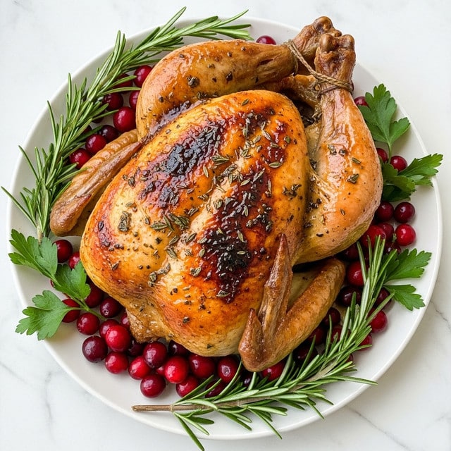 A whole roasted chicken with golden-brown, crispy skin is placed on a white plate. The top of the chicken has a glossy texture from a glaze and is sprinkled with herbs. Around the chicken, bright red cranberries are scattered, along with fresh green rosemary and parsley sprigs adding contrast. The chicken and garnishes sit on a white marbled surface. photo taken with an iphone --ar 4:5 --v 7