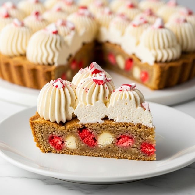 A close-up of a single slice of soft, golden-brown cookie cake with small red and white bits mixed inside, resting on a white plate atop a white marbled surface. The slice is topped with thick, creamy white frosting dolloped generously in swirled peaks, sprinkled with crushed red candy pieces. The background shows more of the cookie cake in a round pan with similar frosting decorations, slightly out of focus. Photo taken with an iphone --ar 4:5 --v 7