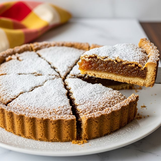 A close-up of two slices of a golden brown pie with a crumbly crust, covered in a thick layer of white powdered sugar. The top crust looks slightly crunchy with a rough texture, and the inner filling is a soft, gooey light amber color. The slices are placed on a white round plate with some powdered sugar scattered around. In the background, a red and yellow cloth is partially visible on a white marbled textured surface. A woman's hand is holding the edge of one slice with a pie server. Photo taken with an iphone --ar 4:5 --v 7