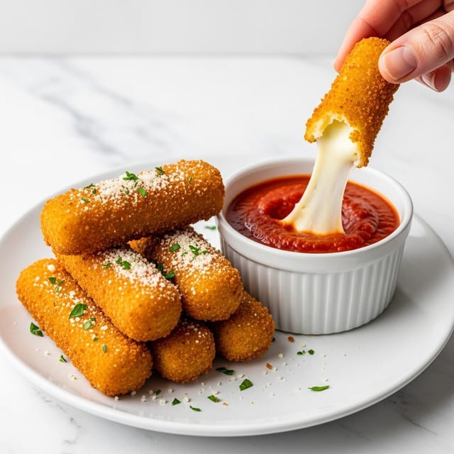 A white plate holds a stack of golden-brown fried mozzarella sticks with a crispy, textured coating sprinkled with green parsley and grated cheese. One mozzarella stick is being pulled up by a woman's hand, showing melted stretchy white cheese inside. Next to the mozzarella sticks is a white ramekin filled with thick red marinara sauce. The plate sits on a white marbled texture surface. photo taken with an iphone --ar 4:5 --v 7