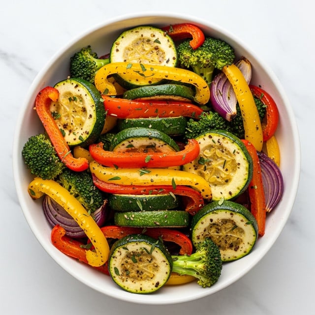 The image shows a white bowl filled with colorful roasted vegetables, layered with thick slices of green zucchini that have a light char and herbs sprinkled on top, bright red and yellow bell pepper strips arranged around and between other vegetables, small florets of green broccoli, and pieces of red onion that show a slight char. The vegetables are mixed well and appear glossy with a light coating of seasoning and herbs, all sitting on a white marbled surface. photo taken with an iphone --ar 4:5 --v 7