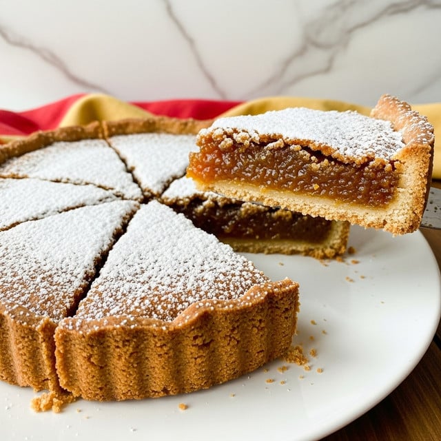 This image shows a close-up of a pie cut into slices on a white plate. The pie has a golden-brown crust with a slightly crumbly texture, and the inside layer is a moist, orange-brown filling. The top is covered with a thick dusting of fine white powdered sugar, adding a snowy effect to the pie's surface. A slice is being lifted by a utensil, showing a thick crust edge and a rich filling beneath. The background features a soft white marbled surface with a blurred red and yellow cloth and a dark brown wooden table edge visible. photo taken with an iphone --ar 4:5 --v 7