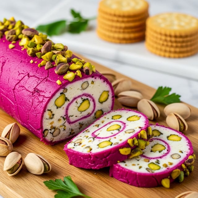 This image shows a log-shaped cheese roll with two visible layers on a wooden board. The outer layer is bright magenta with a smooth texture and pieces of green pistachio nuts scattered on top and sides. The inner layer is creamy white with mixed nuts and herbs embedded inside, giving it a speckled look. Two slices are cut from the roll, lying flat, showing the clean contrast between the magenta outer layer and the white nutty inner layer. Around the board are more green pistachios and some green herbs. In the blurry background, there are stacks of round crackers on a white marbled surface. photo taken with an iphone --ar 4:5 --v 7