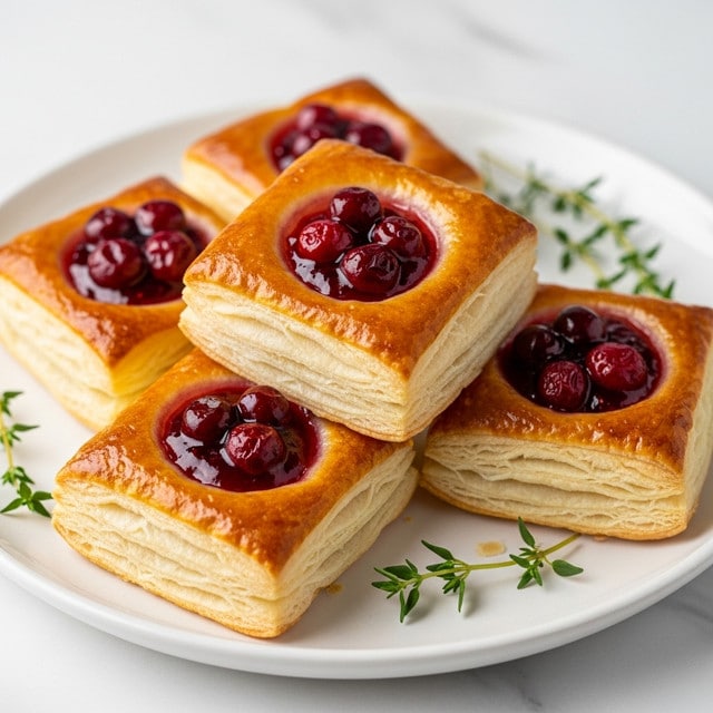 The image shows several small square puff pastries arranged on a white plate. Each pastry has multiple layers of golden, crispy, and flaky crust, with visible thin sheets of dough puffed up between the layers. On top of each pastry, there is a dollop of dark red, jelly-like fruit jam with whole berries, giving a shiny and slightly wet texture. The plate is placed on a white marbled surface, and there are green thyme sprigs scattered around the pastries, adding a touch of fresh green color. Photo taken with an iphone --ar 4:5 --v 7