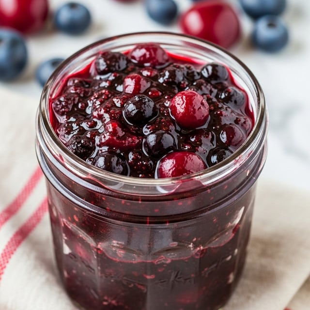 A close-up view of a clear glass jar filled to the top with thick, chunky mixed berry jam. The jam is deep purple with visible whole and crushed berries like blueberries and cherries, giving it a glossy, wet texture. The jar sits on a soft cloth with red and white stripes, placed on a white marbled surface, and some whole fresh berries are blurred in the background, adding rich red and blue colors. Photo taken with an iphone --ar 4:5 --v 7