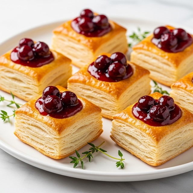 The image shows several square puff pastry bites, each with three clear golden-brown flaky layers stacked on a white plate. The top layer is shiny and slightly crispy, with a dollop of bright red fruit jam with whole berries in the center. Small green thyme sprigs lie beside the pastries on the plate. The background is a white marbled surface. photo taken with an iphone --ar 4:5 --v 7
