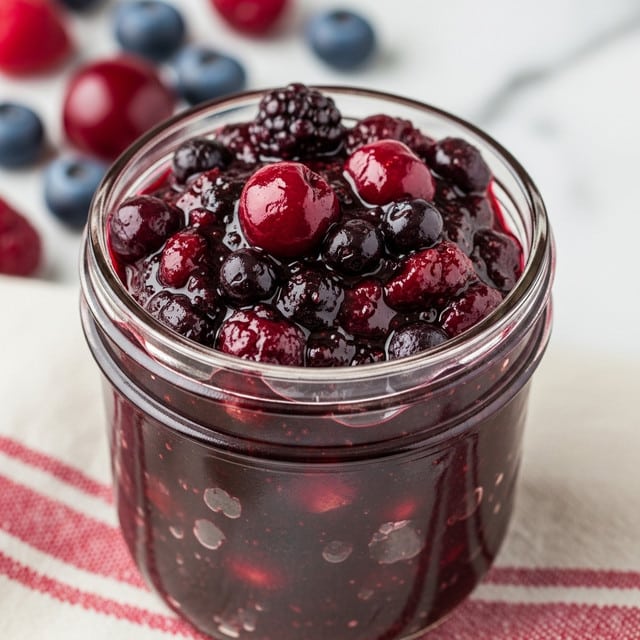 A close-up view of a glass jar filled to the top with thick, dark purple berry jam that shows whole and chunky pieces of berries like blueberries and cherries, glistening with a shiny, wet texture. The jar sits on a soft red and white striped cloth, with blurred blueberries and red cherries scattered in the background. The surface beneath the jar is a white marbled texture. Photo taken with an iphone --ar 4:5 --v 7