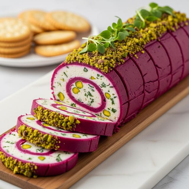 A rolled cheese log is shown sliced on a wooden board, resting on a white marbled surface. The log has two main layers: a thick outer layer of deep magenta with a smooth texture and a creamy white inner layer filled with small bits of green herbs and sprinkled with chopped pistachios. The top of the log is decorated with a thick line of crushed pistachios and fresh green herbs. Several thin slices are cut and placed in front of the log, showing the contrast between the magenta exterior and the white, nutty, and herb-filled interior. In the blurred background, there is a stack of round crackers on a white plate. Photo taken with an iphone --ar 4:5 --v 7