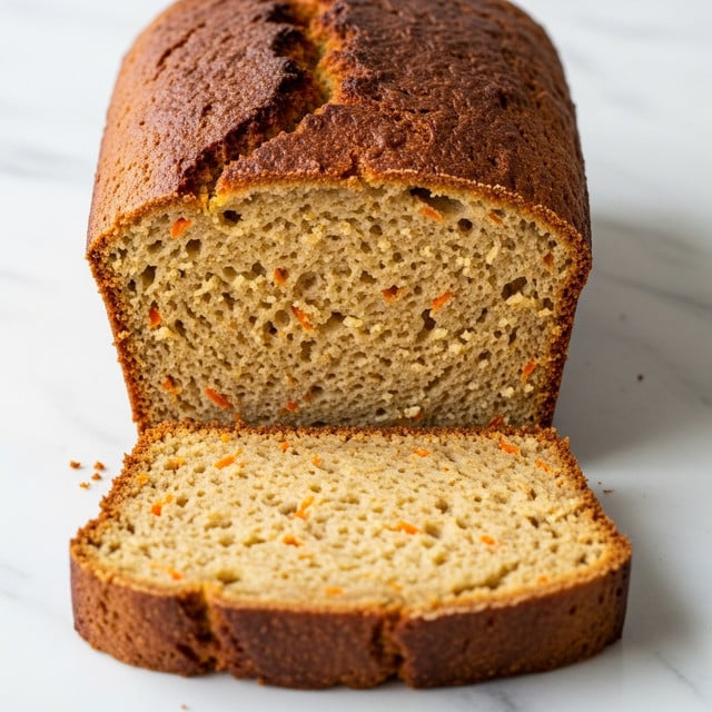 A close-up image of a loaf of moist carrot cake with one thick slice cut from the front. The cake has a golden-brown crust on the top and sides, with a soft, light orange-brown inside filled with small grated carrot pieces throughout. The texture looks dense but tender. The loaf is placed on a flat white marbled surface with blurred orange objects in the background. Photo taken with an iphone --ar 4:5 --v 7