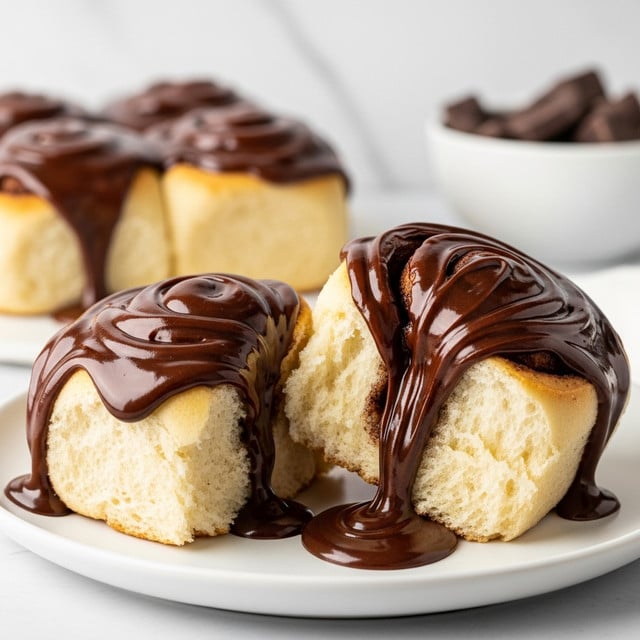 A close-up view of a partially eaten soft bun with a thick layer of glossy, dark chocolate sauce spread unevenly on top and oozing slightly onto the white plate beneath it, showing the fluffy, light beige texture of the bun inside. The chocolate has a rich, shiny surface with some smudges and swirls, while the plate has some chocolate smears around the bun. In the blurred background, there is a white marbled surface and a white bowl filled with dark chocolate chips. photo taken with an iphone --ar 4:5 --v 7