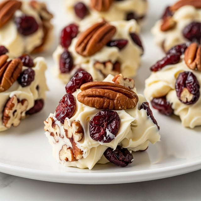 The image shows a close-up of several small clusters made of creamy white chocolate mixed with bright red dried cranberries and topped with whole brown pecans. Each cluster has a rough, bumpy texture from the combination of the smooth white chocolate and the crunchy nuts and dried fruit spread throughout. The clusters rest on a plain white plate, placed on a white marbled surface, with light reflecting softly on the shiny chunks of white chocolate. photo taken with an iphone --ar 4:5 --v 7