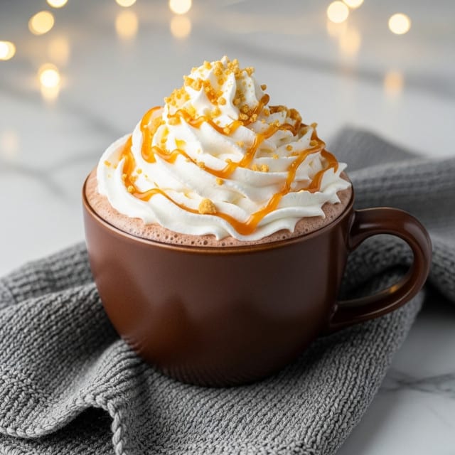 A brown ceramic mug filled with hot chocolate topped with a large swirl of white whipped cream. The whipped cream is drizzled with light brown caramel sauce and sprinkled with small golden crumbs on top. The mug sits on a gray knitted cloth, placed on a white marbled surface with warm blurred lights in the background. photo taken with an iphone --ar 4:5 --v 7
