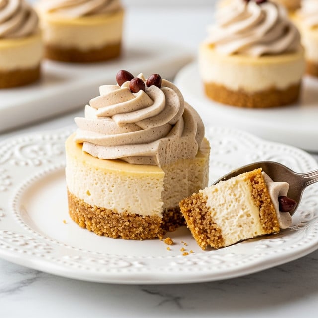 A close-up of a small cupcake with three visible layers: the bottom layer is a golden brown crumbly crust, the middle layer is a smooth, creamy pale yellow filling, and the top layer is a swirl of light tan whipped cream with two small dark brown nuts on it. The cupcake sits on a white plate with subtle decorative edges, and a silver fork presses into the side of the cupcake, lifting a piece. In the blurred background, there are more cupcakes with similar layers on the white marbled surface. photo taken with an iphone --ar 4:5 --v 7