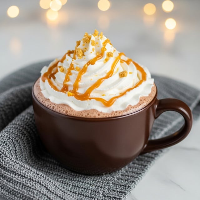 A brown mug filled with hot chocolate topped with a large swirl of white whipped cream, drizzled with golden caramel sauce and sprinkled with crushed golden crumbs. The mug sits on a soft knitted fabric against a softly blurred warm background. The surface beneath is a white marbled texture. Photo taken with an iphone --ar 4:5 --v 7