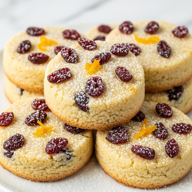 The image shows a close-up of several round shortbread cookies stacked on top of each other on a white plate. Each cookie has one thick pale yellow layer with a crumbly texture. The top of the cookies is decorated with scattered dark red dried cranberries and small bright orange zest pieces. A light dusting of powdered sugar covers the cookies, adding a soft white contrast. The background is a white marbled surface, creating a clean and bright setting. Photo taken with an iphone --ar 4:5 --v 7