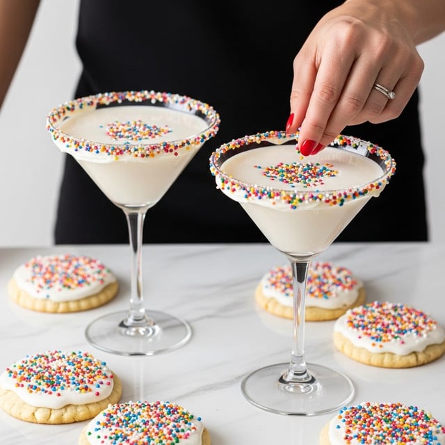 The image shows two clear martini glasses filled with a creamy white drink. Each glass has colorful sprinkles around the rim, sticking to a layer of white frosting that covers the edges. One woman's hand, with red nail polish, is dipping a glass into the sprinkles. Around the glasses, on a white marbled surface, there are cookies decorated with the same colorful sprinkles on white frosting. The overall feel is bright and festive. photo taken with an iphone --ar 4:5 --v 7