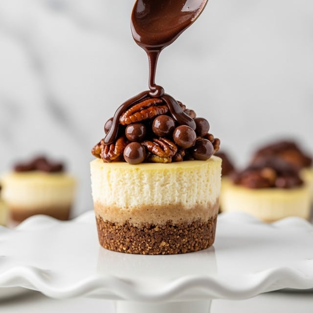 A small cheesecake cupcake with three visible layers sits on a white ceramic cake stand with a wavy edge. The bottom layer is a crumbly brown crust, the middle layer is creamy yellow cheesecake filling with a smooth texture, and on top sits a mound of glossy, rich chocolate-covered nuts being drizzled with more thick, flowing chocolate sauce from a spoon above. The background has a white marbled texture and blurred cupcakes are lightly visible in the distance. Photo taken with an iphone --ar 4:5 --v 7