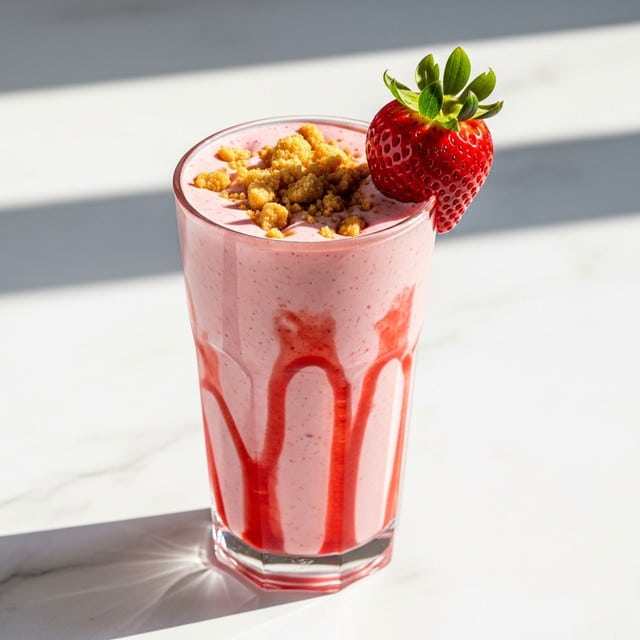 A tall clear glass filled with a thick pink strawberry smoothie with visible red syrup drizzled inside the glass creating a striped effect; the smoothie is topped with crumbled golden brown pieces and garnished with a whole fresh red strawberry with green leaves placed on the rim of the glass, all set on a white marbled texture surface with bright light casting soft shadows on the right side photo taken with an iphone --ar 4:5 --v 7