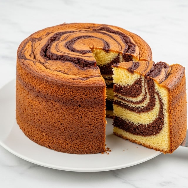 A round marble cake with one slice cut out, showing two main layers inside with a light beige cake base smoothly mixed with swirls of dark brown cinnamon forming a spiral pattern. The top surface has a similar swirled design, slightly risen and golden brown with a soft texture. The cake sits on a white plate placed on a white marbled surface. photo taken with an iphone --ar 4:5 --v 7