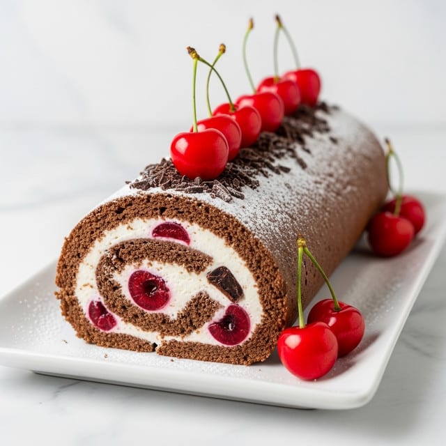 A chocolate roll cake sits on a white rectangular plate over a white marbled texture, featuring three main visible layers: a dark brown, soft and spongy outer cake layer rolled tightly around a thick white creamy layer in the middle, which contains whole red cherries with shiny surfaces and small pieces of dark chocolate. The top of the roll is dusted lightly with powdered sugar, sprinkled with dark chocolate shavings, and lined with bright red cherries with stems arranged evenly on top. Extra cherries rest on the plate beside the roll, adding a fresh and juicy contrast. Photo taken with an iphone --ar 4:5 --v 7