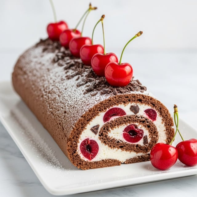 A chocolate roll cake is shown on a white rectangular plate, resting on a white marbled textured surface. The cake has one visible thick outer layer of dark brown, soft chocolate sponge. Inside, there is a thick layer of white cream filling, which is dotted with bright red cherries and dark chocolate shavings. The top of the roll is dusted with a light layer of white powdered sugar and decorated with irregular, thin pieces of dark chocolate. Five shiny red cherries with stems sit evenly along the top of the roll, while three cherries rest next to the cake on the plate. Photo taken with an iphone --ar 4:5 --v 7