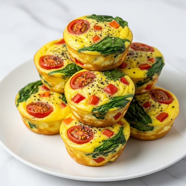 A white plate holds six small egg muffins stacked in a pyramid shape. Each muffin has a yellow egg base filled with green spinach pieces, red cherry tomato halves, and small bits of red and orange bell peppers, all visible on the surface and inside. The muffins have a soft, fluffy texture with some black pepper sprinkled on top, adding a speckled detail. The plate sits on a white marbled texture, giving a clean and bright look to the scene. Photo taken with an iphone --ar 4:5 --v 7