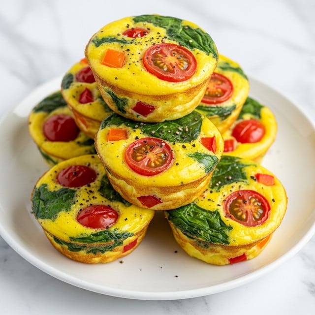 A stack of six mini egg muffins sits on a white plate. Each muffin is round and about two layers thick, with a soft, yellow egg base mixed with bright red cherry tomato halves, green spinach leaves, small bits of purple onion, and tiny pieces of red and yellow bell peppers. The muffins have a slightly spongy texture with small air holes, and are sprinkled with black pepper and small parsley flakes on top. The white plate rests on a white marbled textured surface. photo taken with an iphone --ar 4:5 --v 7