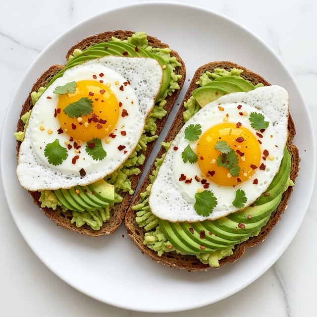 Two slices of toasted brown bread lie side by side on a white plate, each topped with mushy avocado spread slightly mixed with slices of fresh avocado showing a green, creamy texture. On top of the avocado, there is a sunny-side-up egg with a bright yellow yolk and white edges that are soft but set. The eggs are sprinkled with red chili flakes and fresh green cilantro leaves scattered across the toast, adding color contrast. The plate sits on a white marbled surface with some extra cilantro leaves and red chili flakes around the toast. photo taken with an iphone --ar 4:5 --v 7