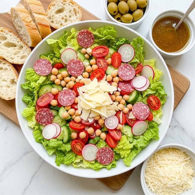 A large white bowl filled with a fresh chopped salad that shows multiple layers and colors: a base layer of green lettuce, mixed with bright red halved cherry tomatoes, pale beige chickpeas, thin white radish slices with pink edges, light green cucumber pieces, and small chunks of dark red salami spread mostly on the right side; on top are thin, wide, pale yellow shavings of cheese placed towards the center. The bowl sits on a wooden board on a white marbled surface. Around the bowl are two slices of thick bread on the left, a small white bowl of green olives, a small glass bowl of mustard vinaigrette, and a small white bowl of grated cheese to the top right. photo taken with an iphone --ar 4:5 --v 7