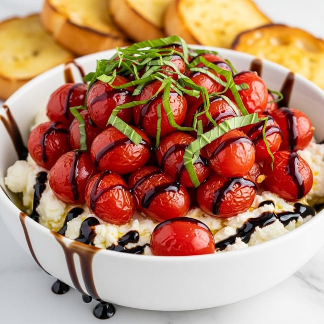 A white bowl filled with three visible layers: the bottom layer is creamy white cheese with a soft and fluffy texture, the middle layer consists of bright red cherry tomatoes that are whole and shiny, scattered evenly across the cheese, and the top layer is green basil leaves thinly sliced and spread over the tomatoes. A dark brown balsamic glaze is drizzled over the top, some dripping down the side of the bowl. In the background, there are slices of toasted bread resting on a white marbled surface. photo taken with an iphone --ar 4:5 --v 7