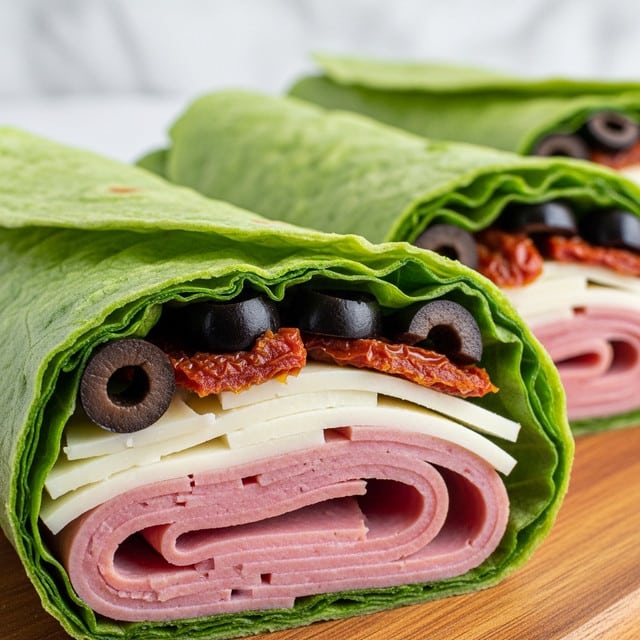The image shows three wraps made with large, crisp green lettuce leaves that form the outer layer, holding together thinly sliced pinkish-red deli meat folded several times, creamy white cheese sticks layered above the meat, and small pieces of dark olives and sun-dried red tomatoes scattered near the top inside each wrap. The wraps are arranged one behind the other on a wooden board with a close-up view highlighting the texture and layers. The bright green of the lettuce contrasts with the soft pink, white, and dark colors of the fillings. photo taken with an iphone --ar 4:5 --v 7