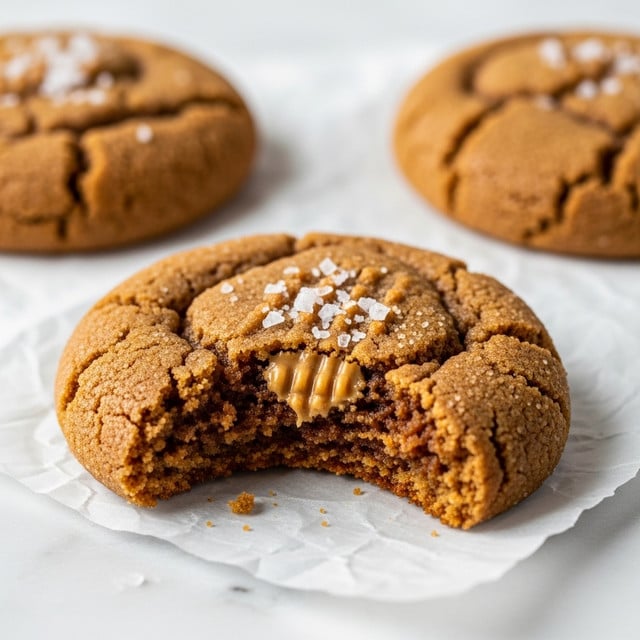 The image shows two soft cookies resting on white crinkled parchment paper placed on a light wooden surface. The cookie in the foreground has a single large bite taken out of it, revealing a moist, chewy inside with a crumbly texture. Both cookies are light brown in color with a rough surface featuring cracks and are topped with small flakes of sea salt that sparkle slightly. The cookie in the background is whole and slightly blurred, creating depth in the image. The overall look is warm and inviting, with natural light highlighting the texture of the cookies and the salt. Photo taken with an iphone --ar 4:5 --v 7