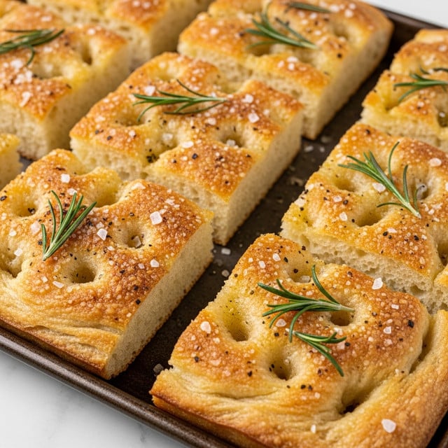 The image shows several square pieces of focaccia bread arranged closely on a dark metal baking tray. Each piece has a golden-brown top with a slightly crispy texture, dotted with small air holes and sprinkled with coarse salt and black pepper. On top of each slice are small sprigs of fresh green rosemary, adding a touch of color and texture contrast. The focaccia’s interior looks soft and fluffy with a light yellow hue, visible on a few edges and corners. The surface beneath the tray is a white marbled texture. photo taken with an iphone --ar 4:5 --v 7