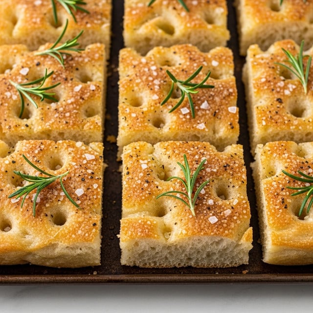 The image shows square pieces of focaccia bread with a golden-brown top and a light, fluffy inside. Each piece has small bubbles and dimples on the surface, sprinkled with dried herbs and cracked black pepper. Thin sticks of green rosemary lay across each square, adding fresh color. The bread sits on a baking tray with a hint of olive oil sheen. The background has a white marbled texture. photo taken with an iphone --ar 4:5 --v 7