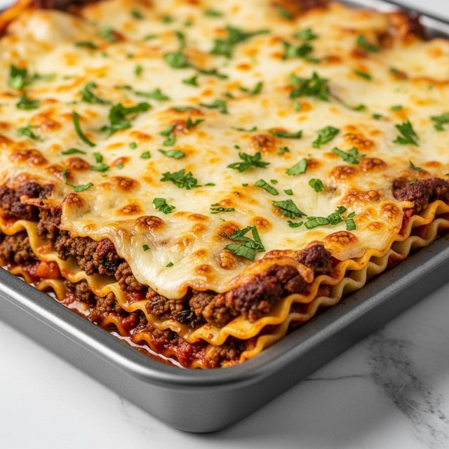 This image shows a close-up of a baked lasagna in a metal tray sitting on a white marbled surface. The lasagna has several layers visible from the side: a bottom pasta layer with red tomato sauce, topped by a thick layer of cooked ground meat mixed with herbs, another pasta layer shining with smooth melted cheese, and a final top layer of melted cheese browned slightly with green chopped herbs sprinkled all over. The edges of the pasta have wavy ridges and the cheese looks gooey and stretchy. Photo taken with an iphone --ar 4:5 --v 7